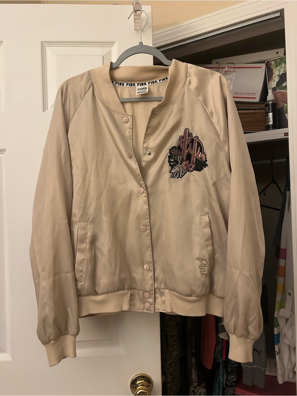 Victoria's Secret PINK Beige Satin Bomber with Cactus Embroidery
